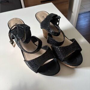 Kelly & Katie Black Snakeskin Wedges